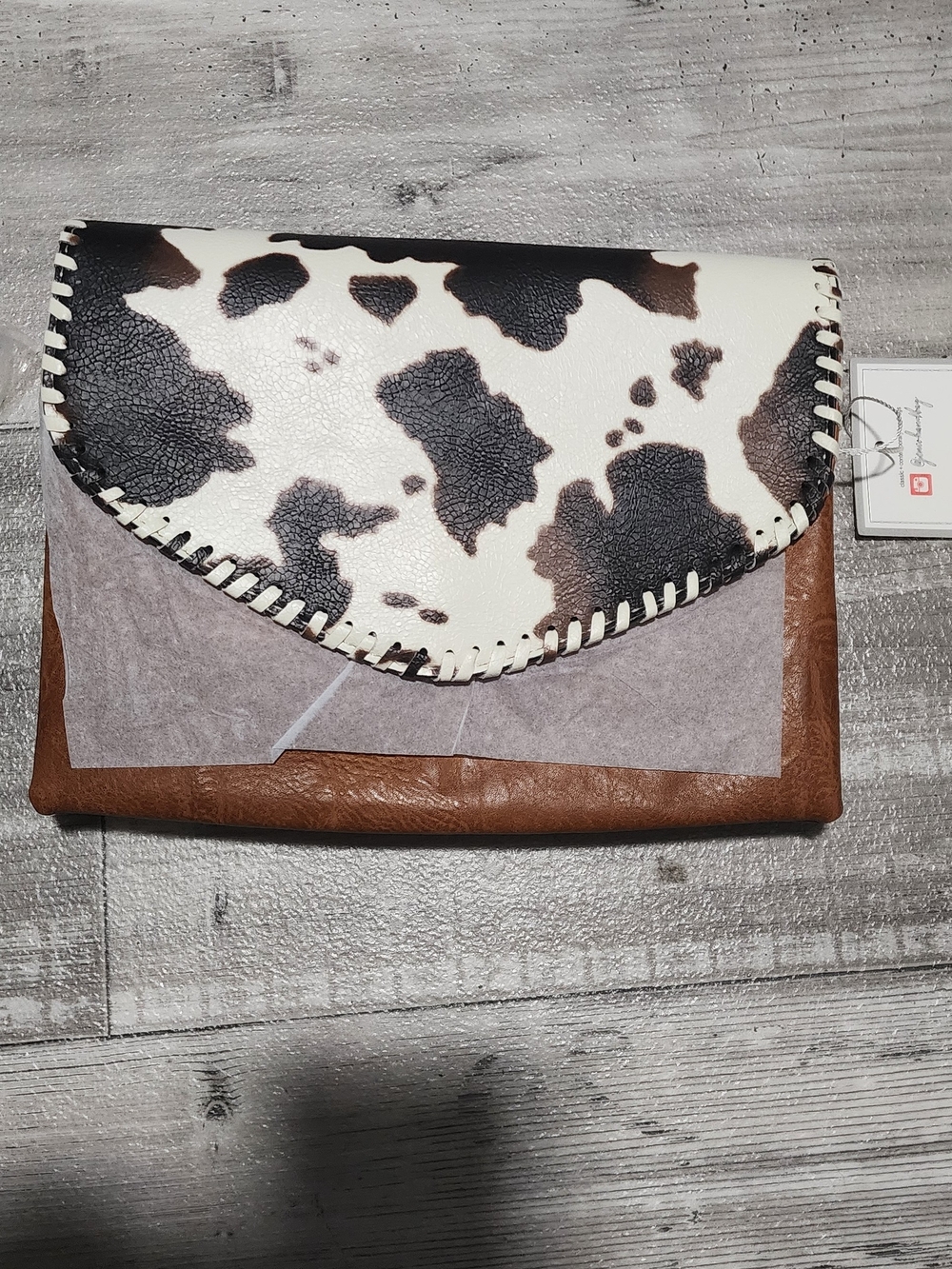 Cowhide-Trim Brown Envelope Clutch with Stitched Flap